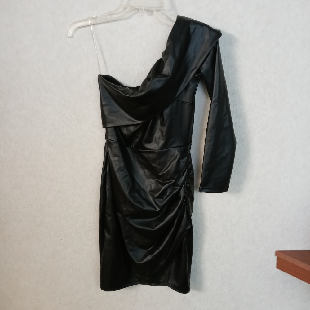 Annes Apparel Womens Dress Small Black One Shoulder Long Sleeve Pleather Bodycon